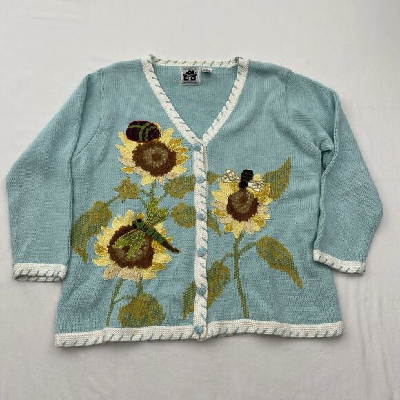 Storybook Knits Sweater Cardigan Womens 2X Blue Sunflower Bee Ramie Cottagecore - Picture 1 of 12